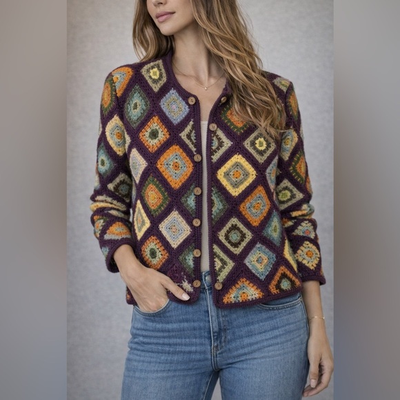 david brooks Sweaters - Granny Square Cardigan Boho Multicolor Hand Knit Button Front Sweater M